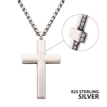 925 Sterling Silver Side Gem Cross Pendant with Antiqued Finish Box Chain SLVRPNK8
