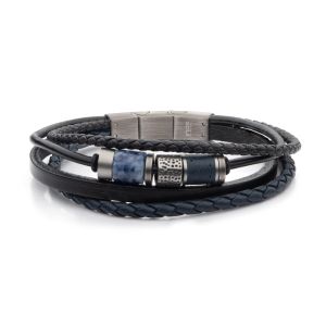 INOX Black Leather Strapped with Cross Hammered ID Bracelet