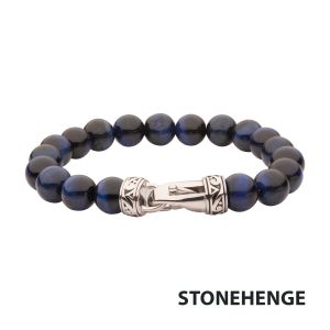 10mm Blue Tiger Eye Stone Bead Bracelet with Antiqued Stainless Steel Clasp small