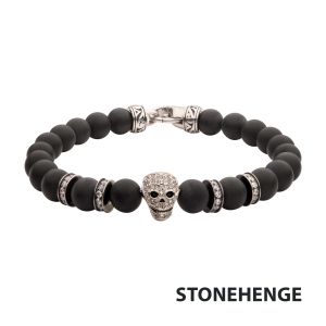 8mm Black Onyx Stone Bead Bracelet with Pave Gem Skull Head & Antiqued Stainless Steel Clasp small