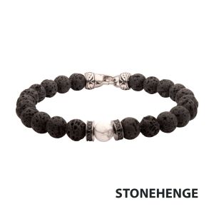8mm Howlite & Black Lava Stone Bead Bracelet with Black CZ & Antiqued Stainless Steel Clasp small