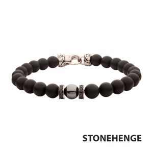 8mm Hematite & Black Onyx Stone Bead Bracelet with Black CZ & Antiqued Stainless Steel Clasp small