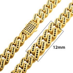 JAGUAR-HIGH ROLLER: 12mm 18Kt Gold IP Steel Miami Cuban with Black Spinel Chain Necklace small