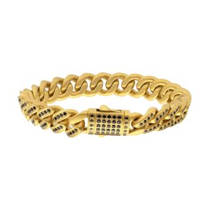 JAGUAR-HIGH ROLLER: 12mm 18Kt Gold IP Steel Miami Cuban with Black Spinel Chain Bracelet small