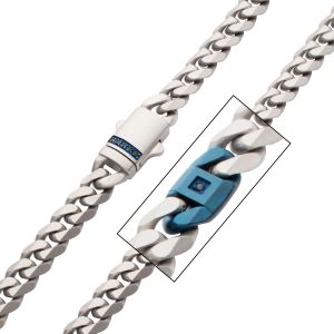 OCEAN STEED: Matte Finish Steel Beveled Cuban with Two Blue IP Links & Black Sapphire Chain Necklace small