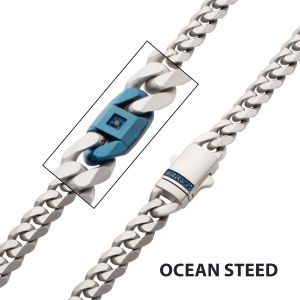 OCEAN STEED: Matte Finish Steel Beveled Cuban with Two Blue IP Links & Black Sapphire Chain Necklace thumb