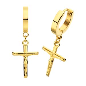 18Kt Gold IP Steel Jesus Christ Crucifix Huggie Earrings small