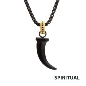 Matte Black IP Steel Horn Pendant with CNC Set Black Sapphire Crown Link Bail & Black IP Steel Box Chain small